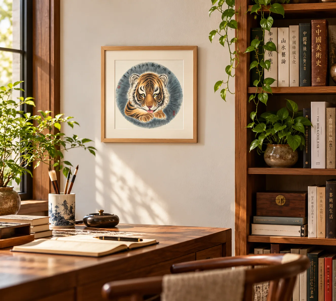 Tiger at Rest, Watching | Round Fan Tiger Portrait tiger painting view 3
