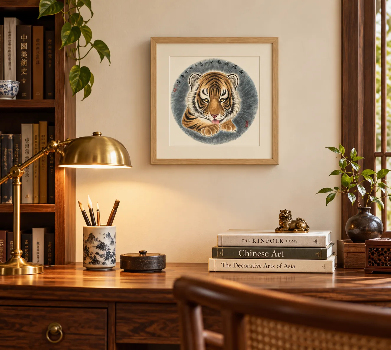 Tiger at Rest, Watching | Round Fan Tiger Portrait tiger painting view 4