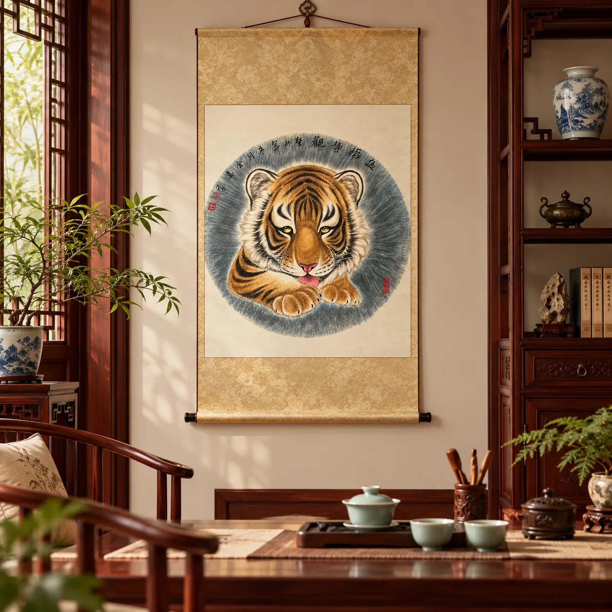 Tiger at Rest, Watching | Round Fan Tiger Portrait tiger painting view 11