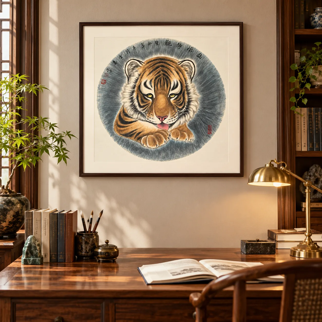 Tiger at Rest, Watching | Round Fan Tiger Portrait tiger painting view 12