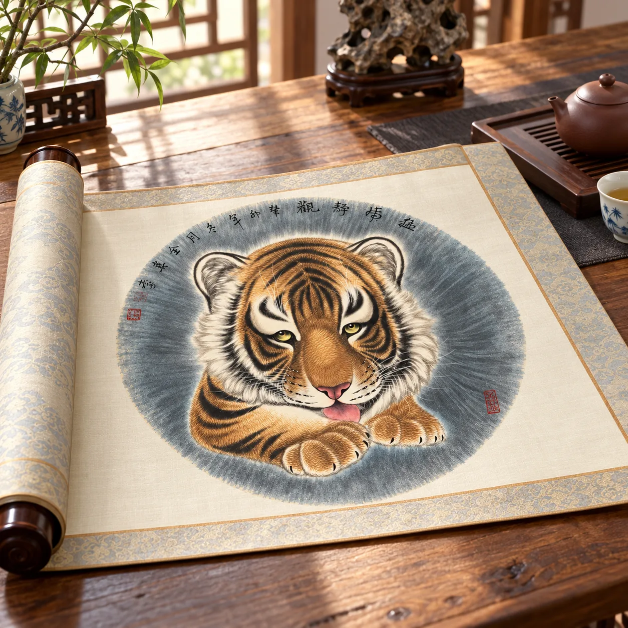 Tiger at Rest, Watching | Round Fan Tiger Portrait tiger painting view 6