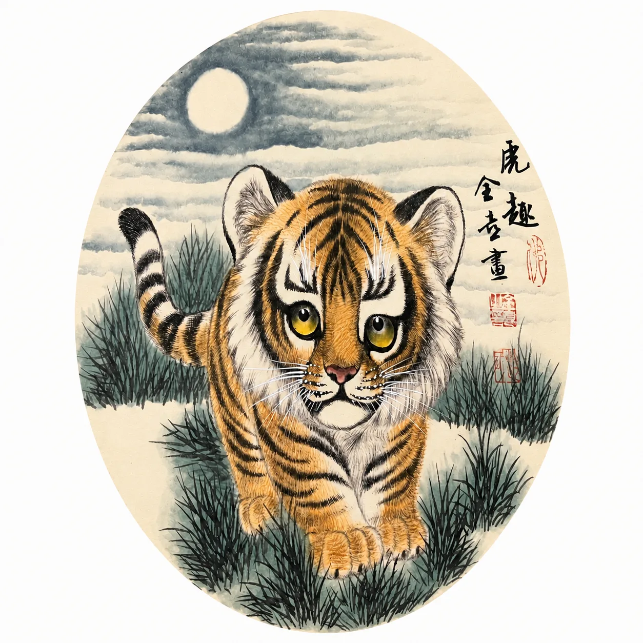 Tiger by Moonlight | Night Chinese Tiger Cub Painting
