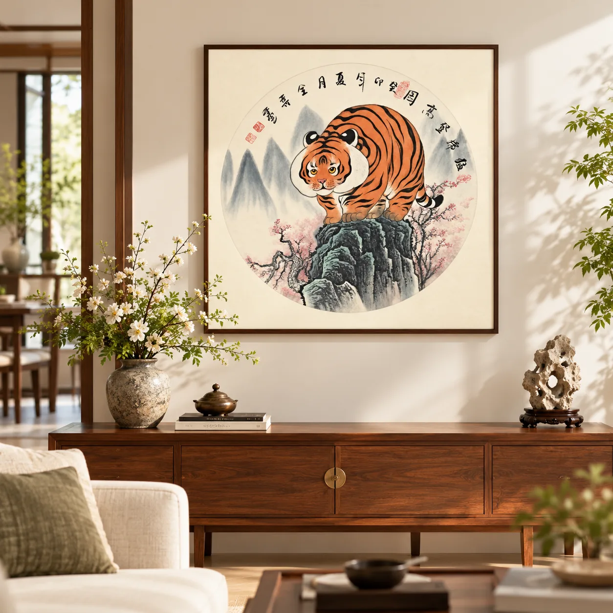 Tiger Climbs to the Summit | Round Fan Chinese Painting tiger painting view 10