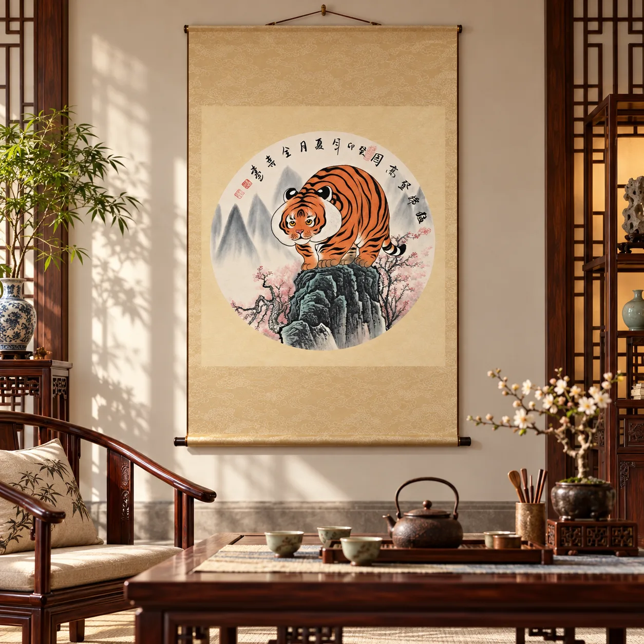 Tiger Climbs to the Summit | Round Fan Chinese Painting tiger painting view 11