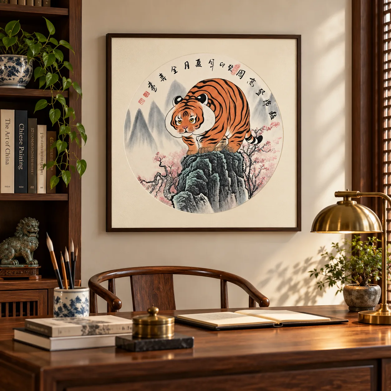 Tiger Climbs to the Summit | Round Fan Chinese Painting tiger painting view 12
