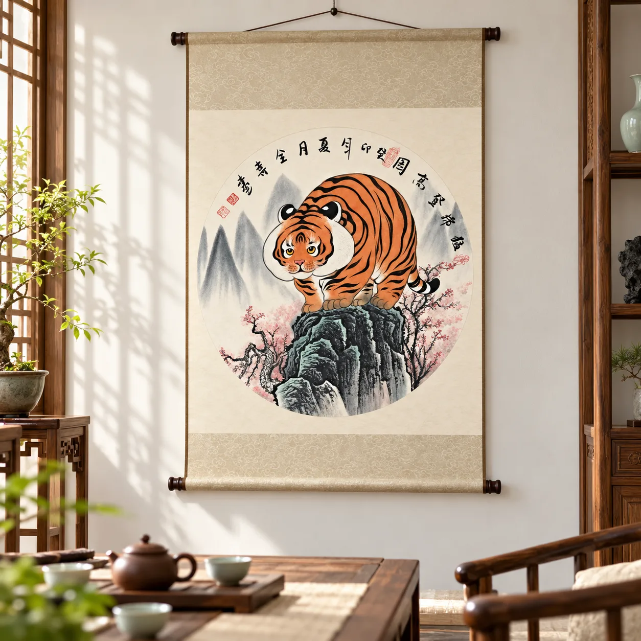 Tiger Climbs to the Summit | Round Fan Chinese Painting tiger painting view 6
