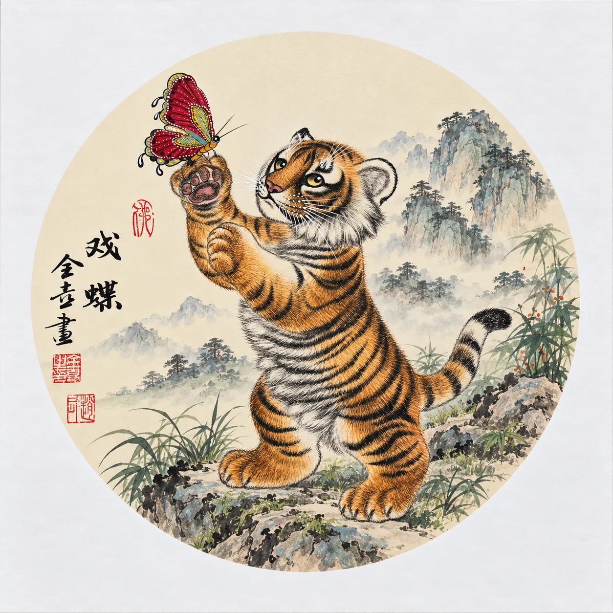 Tiger Cub Chasing a Butterfly | Cute Chinese Painting