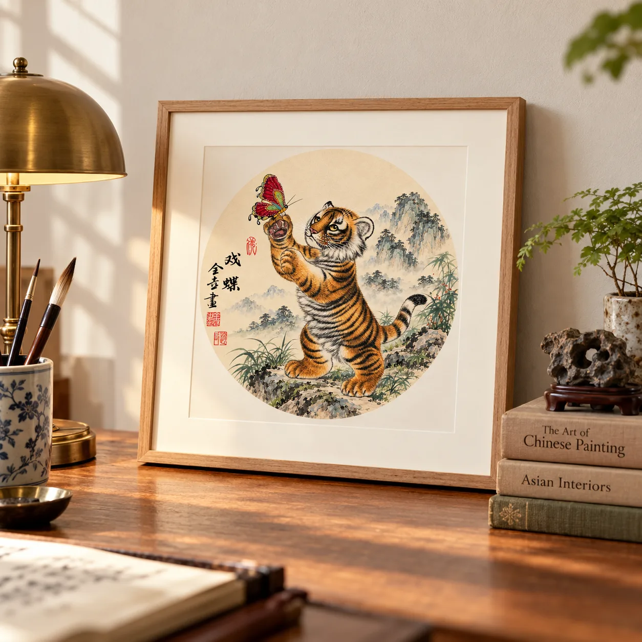Tiger Cub Chasing a Butterfly | Cute Chinese Painting tiger painting view 5