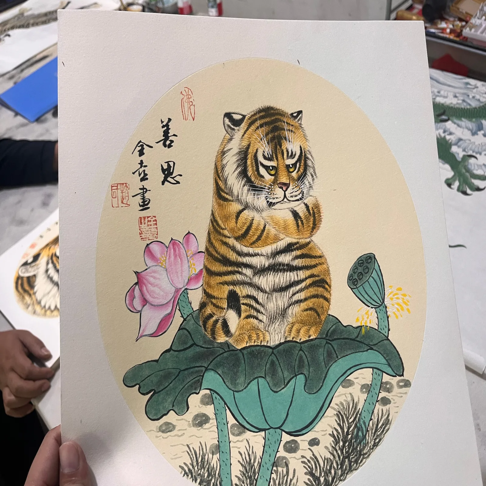 Tiger Cub on a Lotus Leaf | Cute Chinese Painting tiger painting view 2