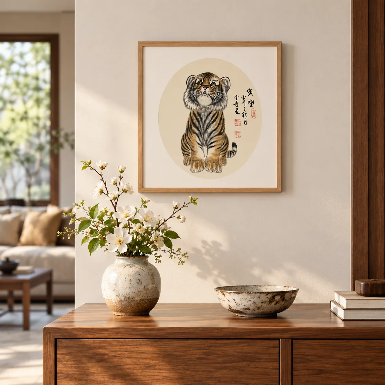 Tiger Cub Watching the Setting Moon | Cute Chinese Painting tiger painting view 3