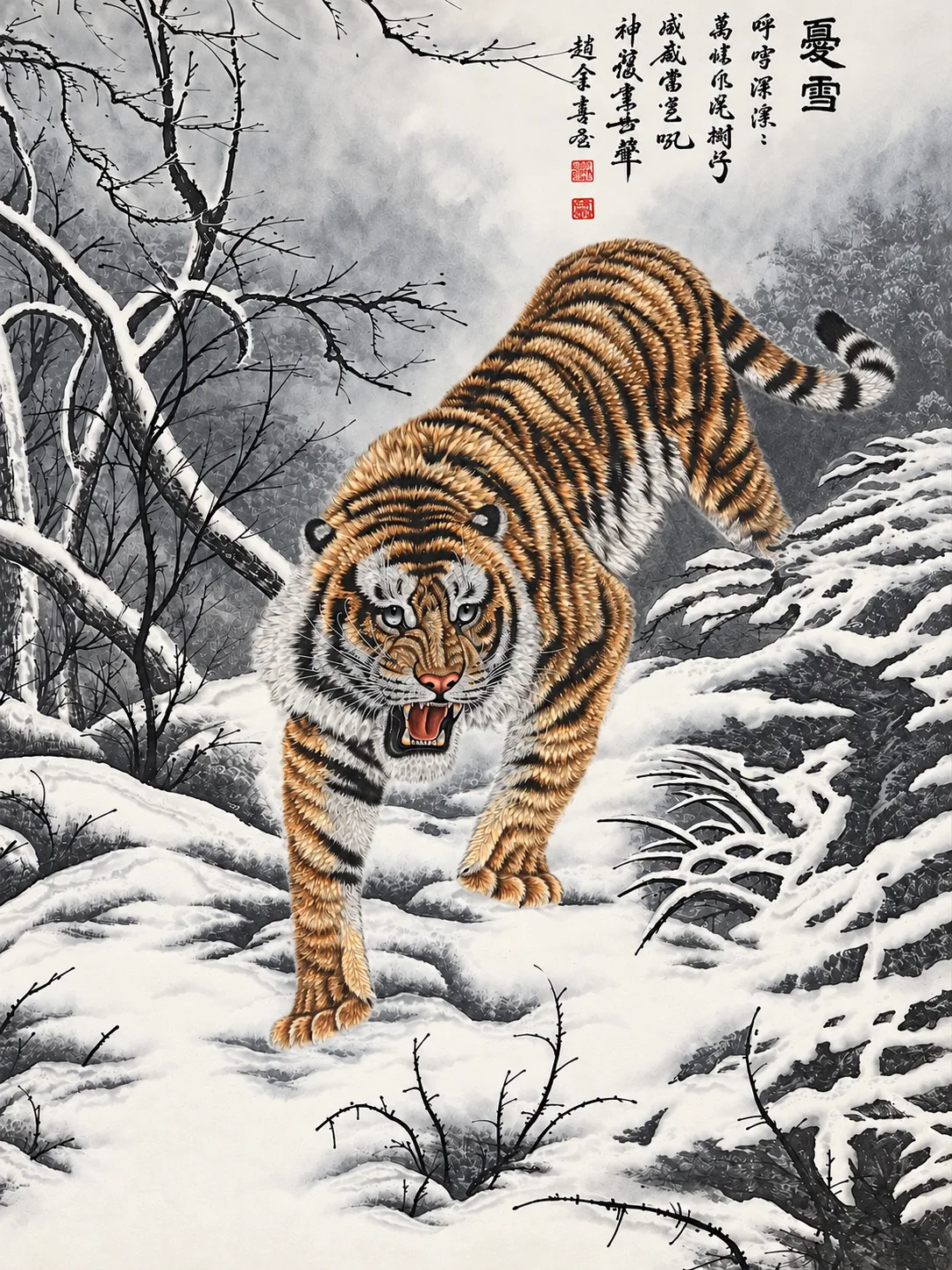 Tiger Descending Through Snow | Winter Chinese Painting