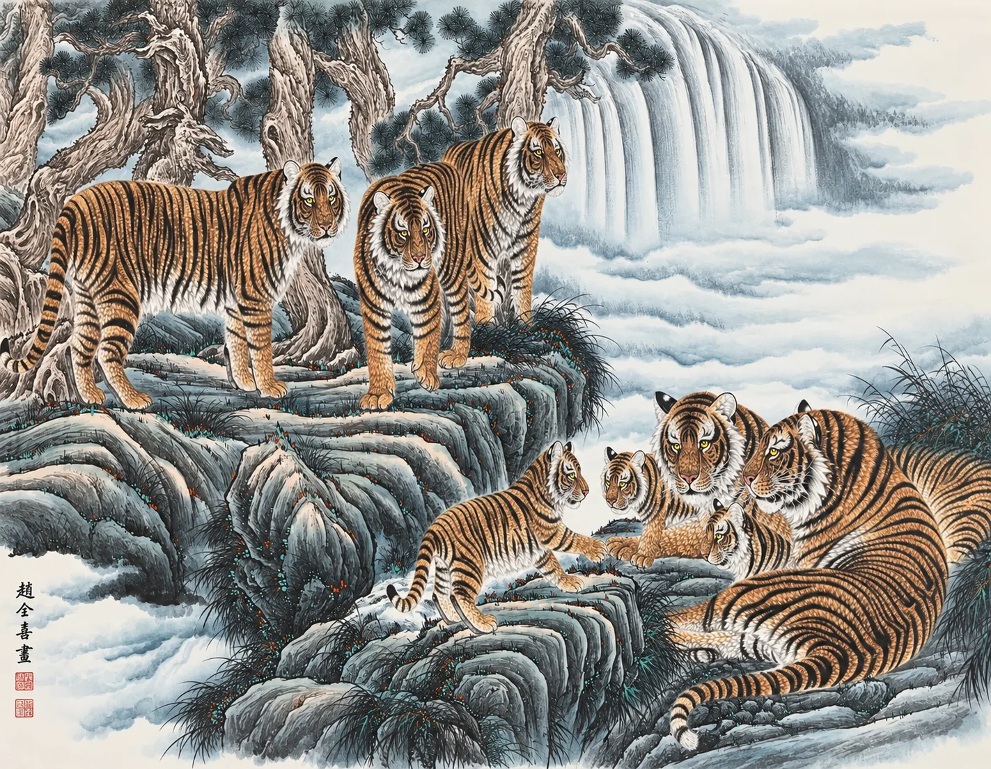 Tiger Family in the Cloud Mountains | Mountain Tiger Scroll