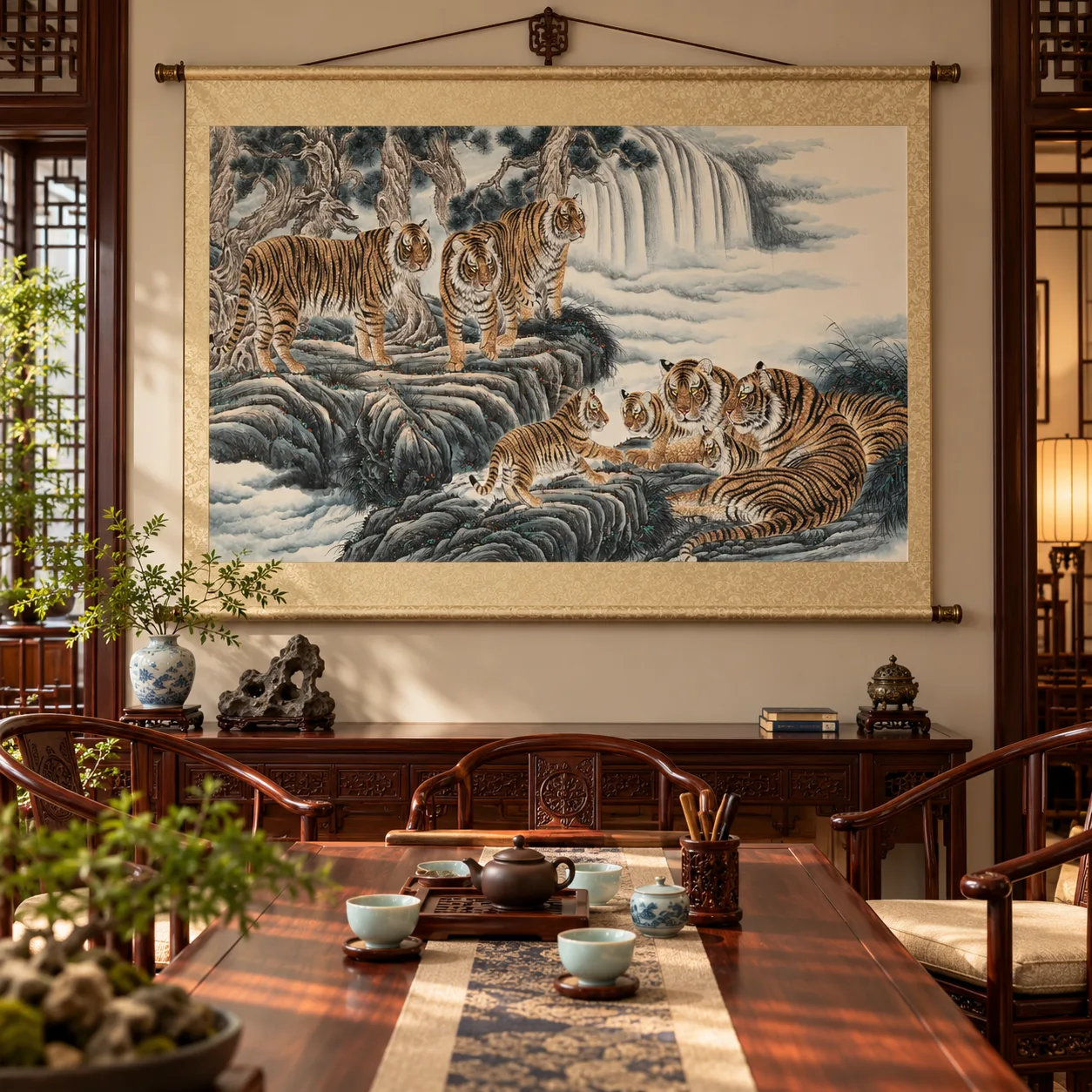 Tiger Family in the Cloud Mountains | Mountain Tiger Scroll tiger painting view 9