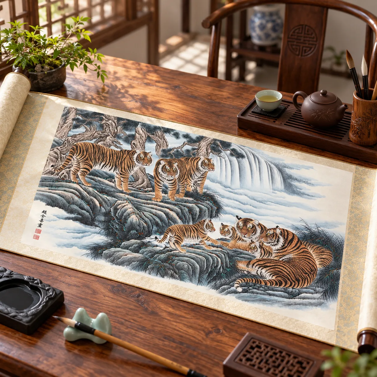 Tiger Family in the Cloud Mountains | Mountain Tiger Scroll tiger painting view 3