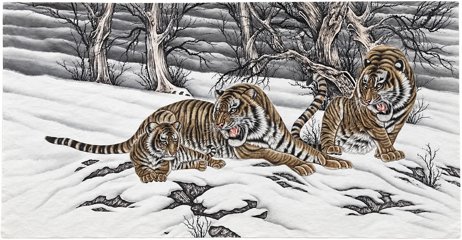 Tiger Family in the Snow | Chinese Gongbi Painting