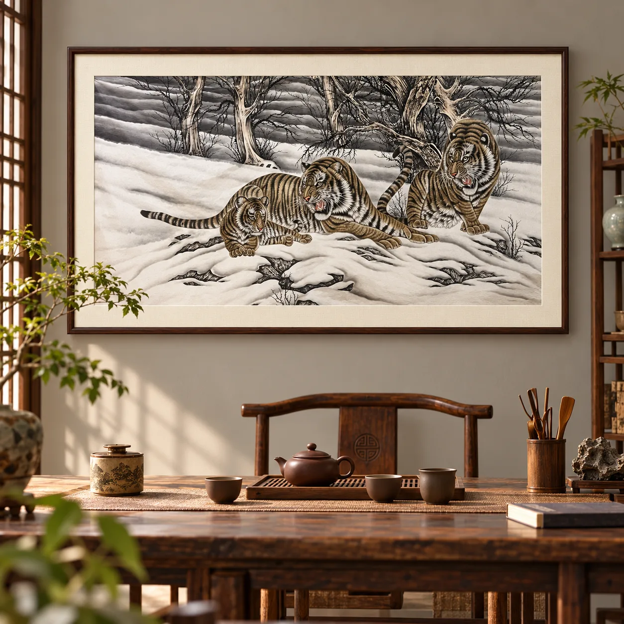 Tiger Family in the Snow | Chinese Gongbi Painting tiger painting view 8