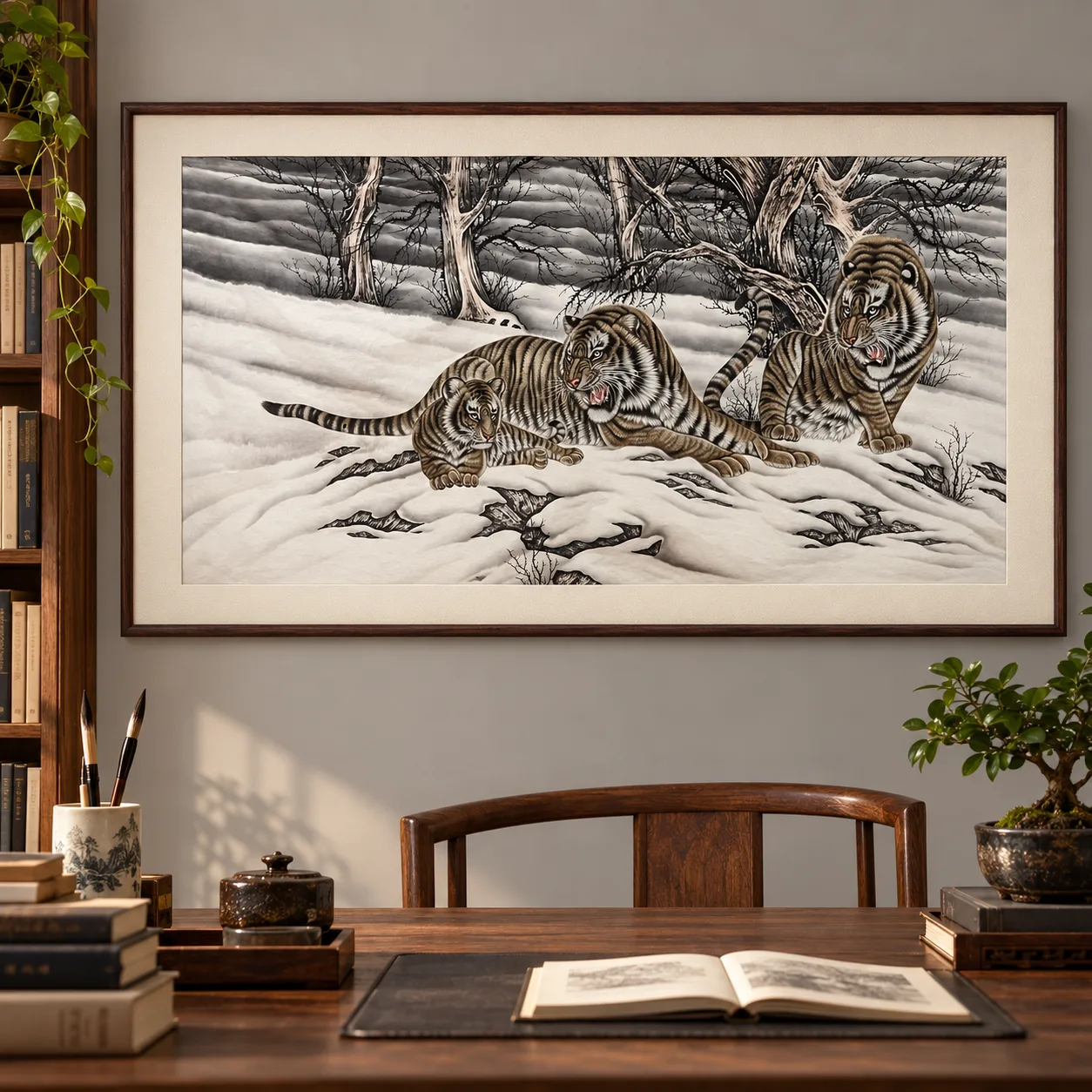 Tiger Family in the Snow | Chinese Gongbi Painting tiger painting view 9