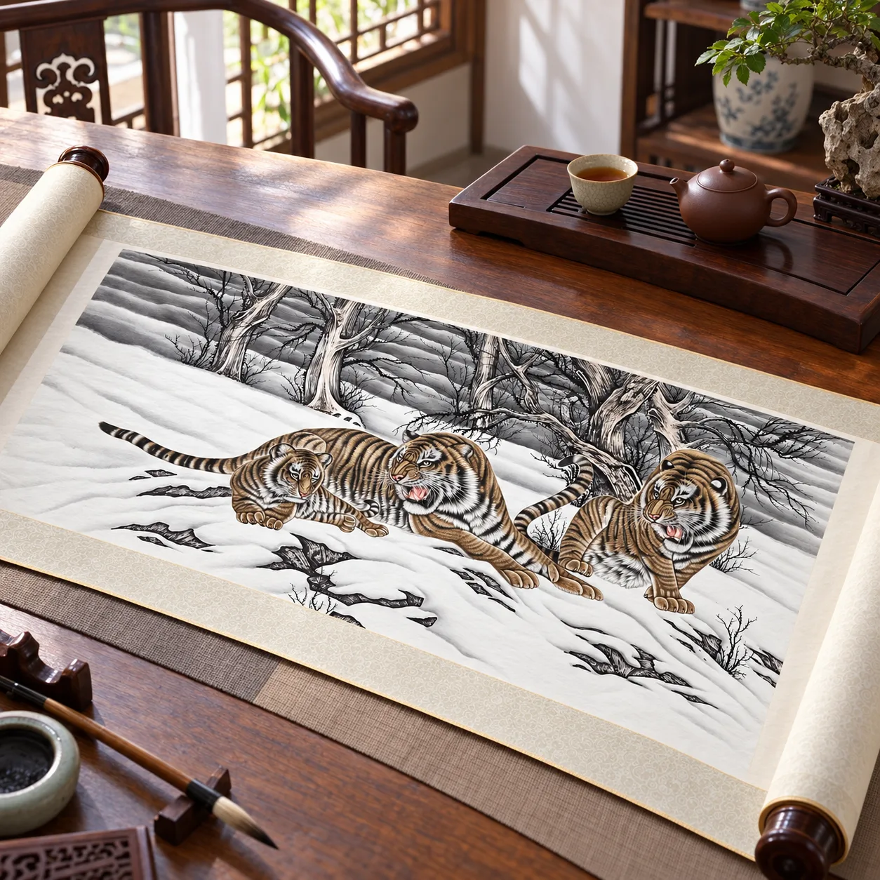 Tiger Family in the Snow | Chinese Gongbi Painting tiger painting view 3