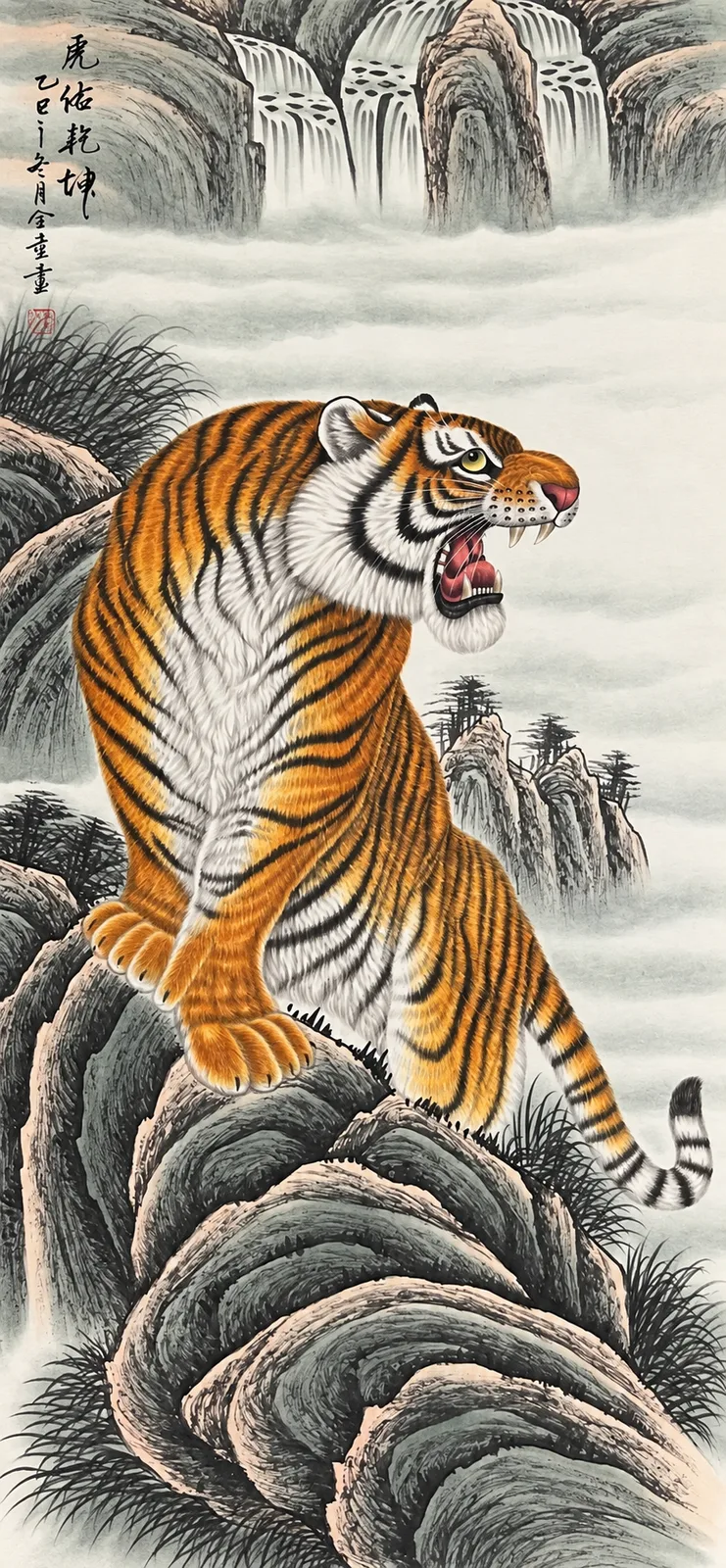 Tiger Guardian of Heaven and Earth | Waterfall Mountain Tiger Painting