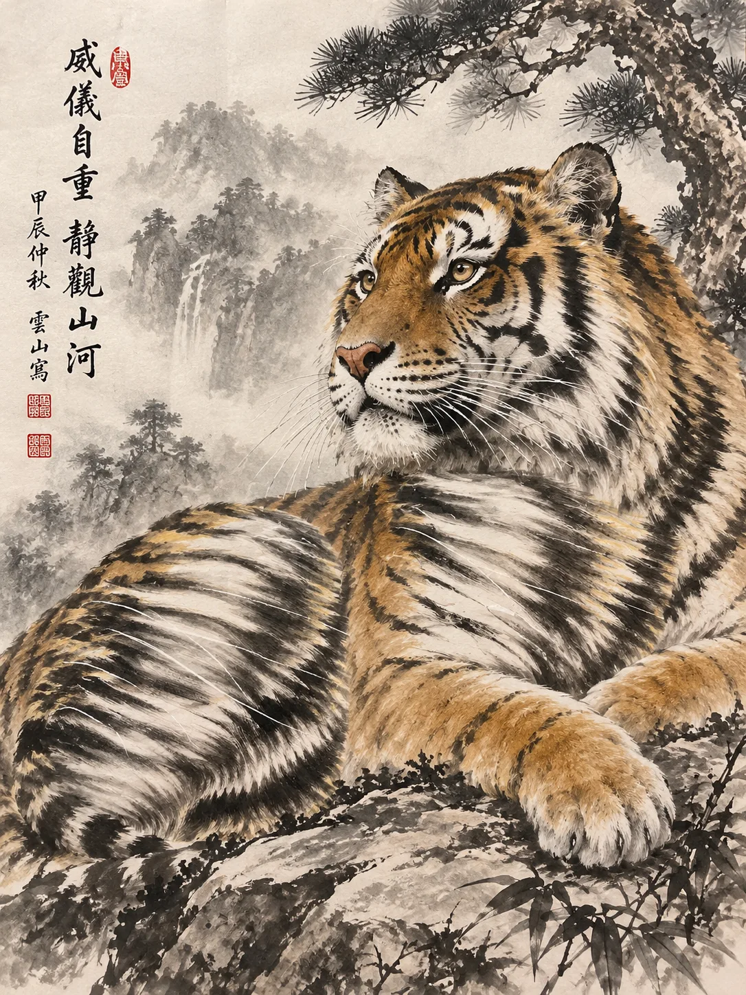 Tiger in Quiet Contemplation | Misty Mountain Chinese Painting