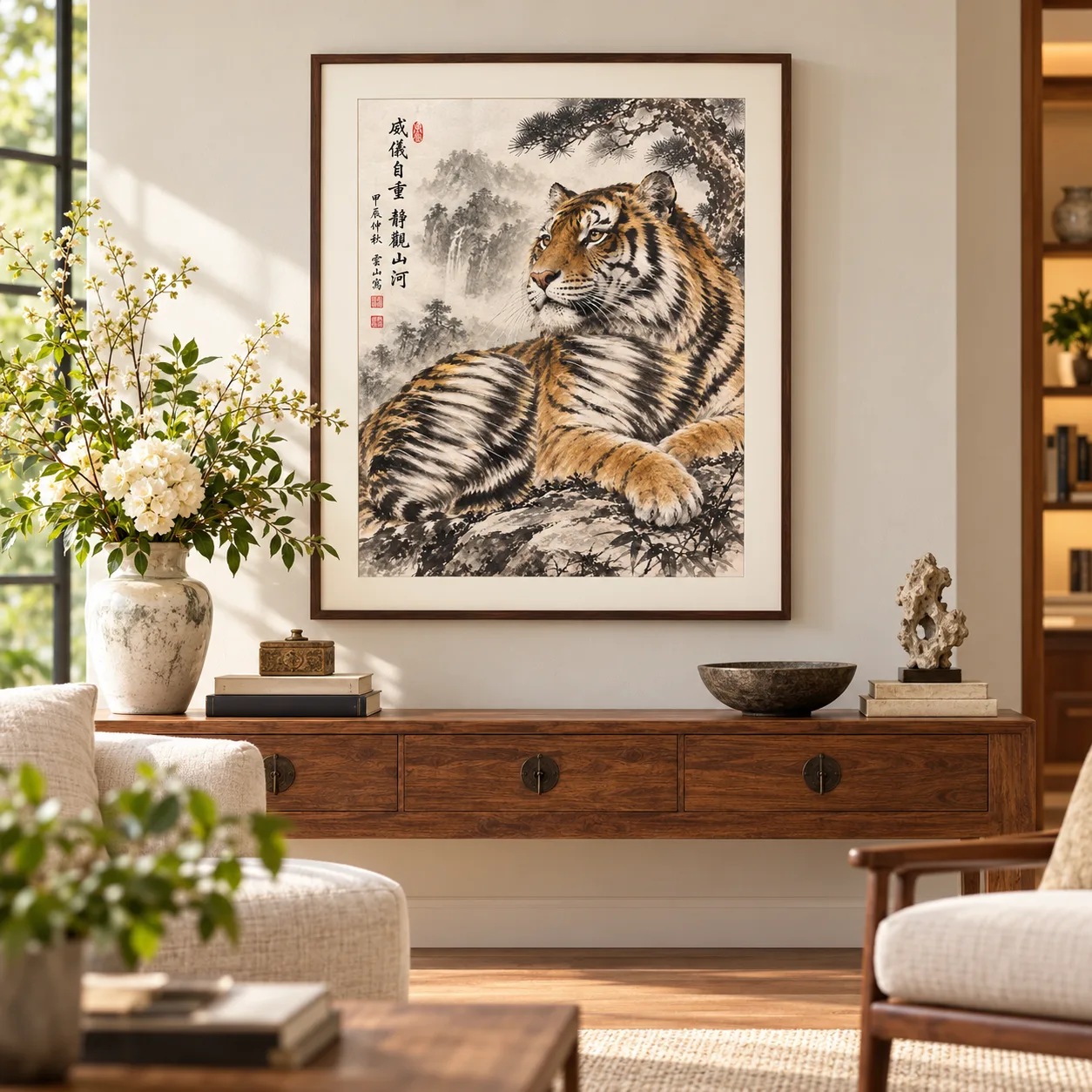 Tiger in Quiet Contemplation | Misty Mountain Chinese Painting tiger painting view 9