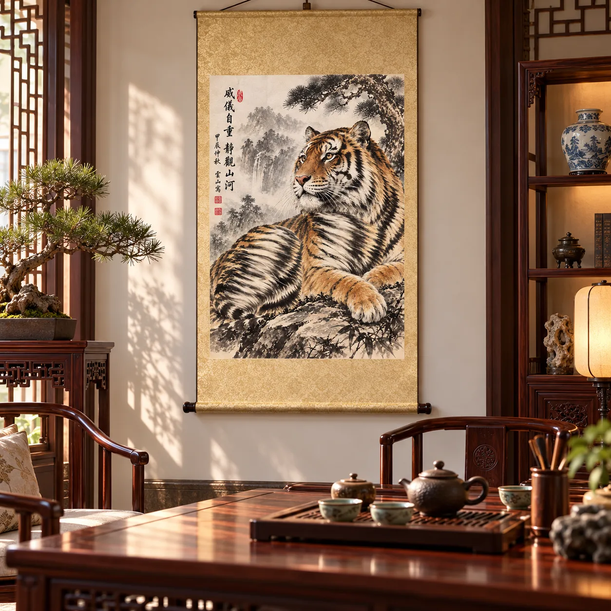 Tiger in Quiet Contemplation | Misty Mountain Chinese Painting tiger painting view 10