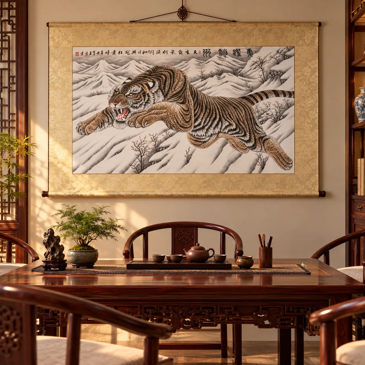 Tiger Leaping over the Snow Lands | Wide Winter Tiger Panorama tiger painting view 10