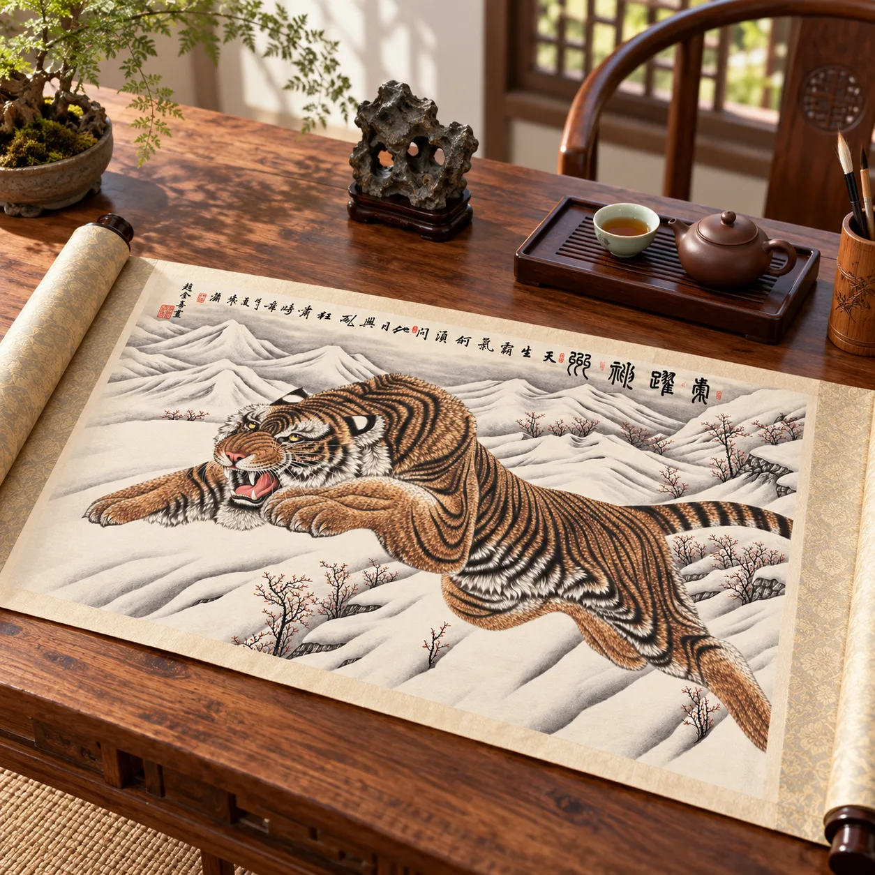 Tiger Leaping over the Snow Lands | Wide Winter Tiger Panorama tiger painting view 3