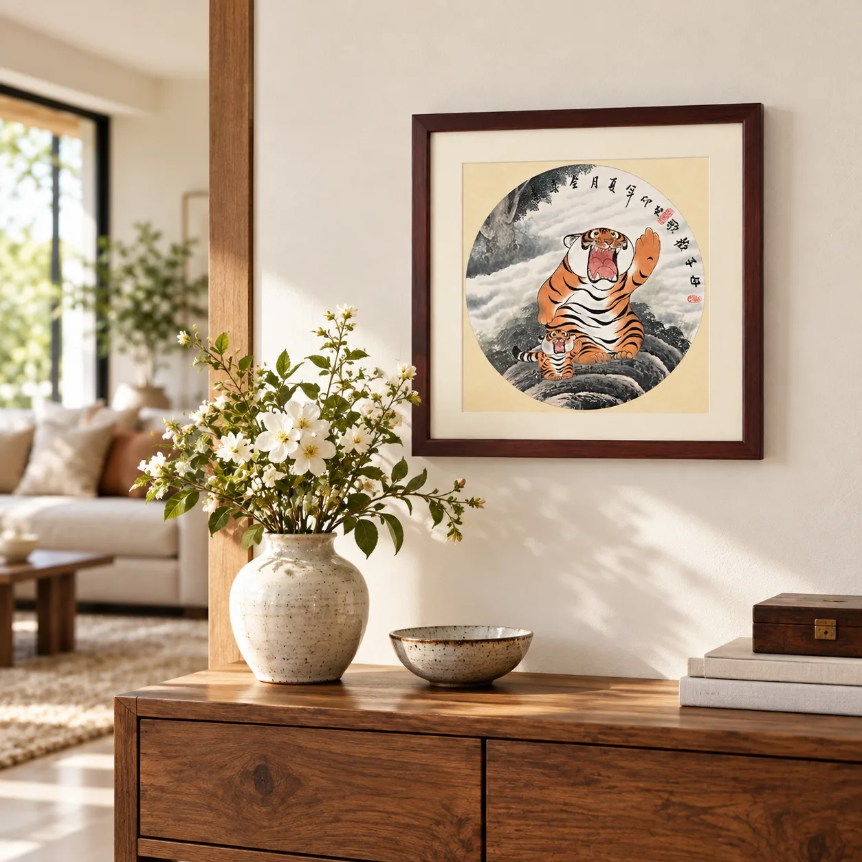 Tiger Mother and Cub | Round Fan Chinese Painting tiger painting view 3