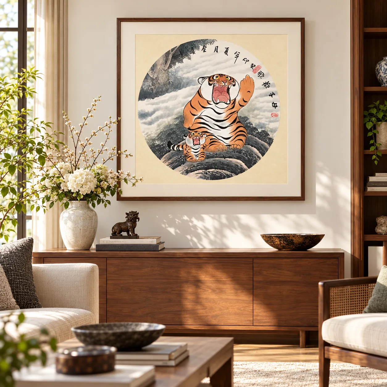 Tiger Mother and Cub | Round Fan Chinese Painting tiger painting view 10
