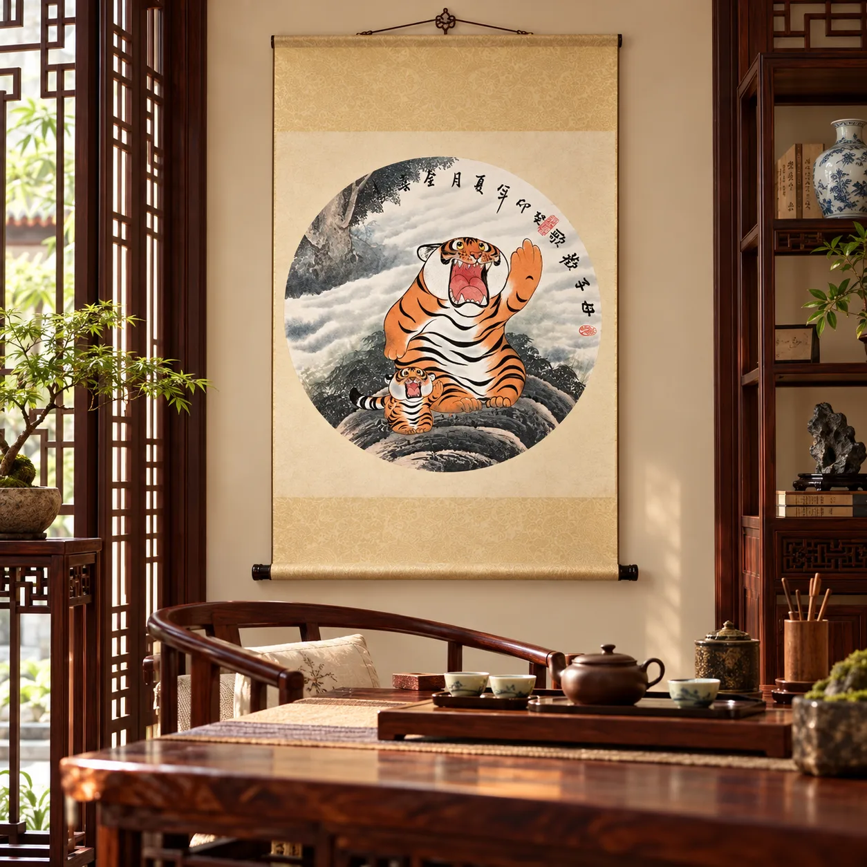 Tiger Mother and Cub | Round Fan Chinese Painting tiger painting view 11