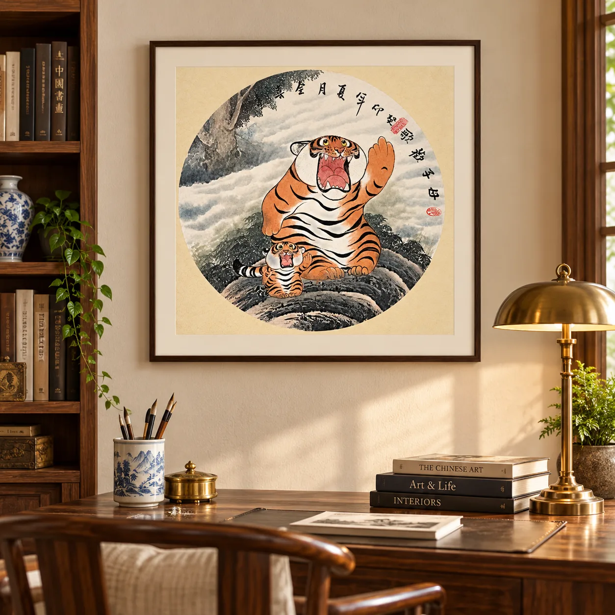 Tiger Mother and Cub | Round Fan Chinese Painting tiger painting view 12