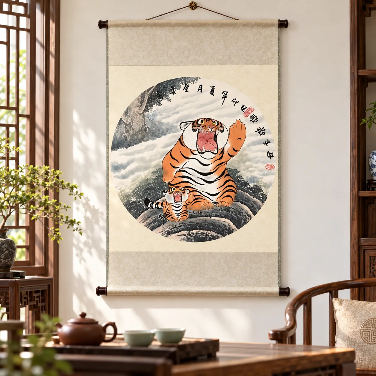 Tiger Mother and Cub | Round Fan Chinese Painting tiger painting view 6