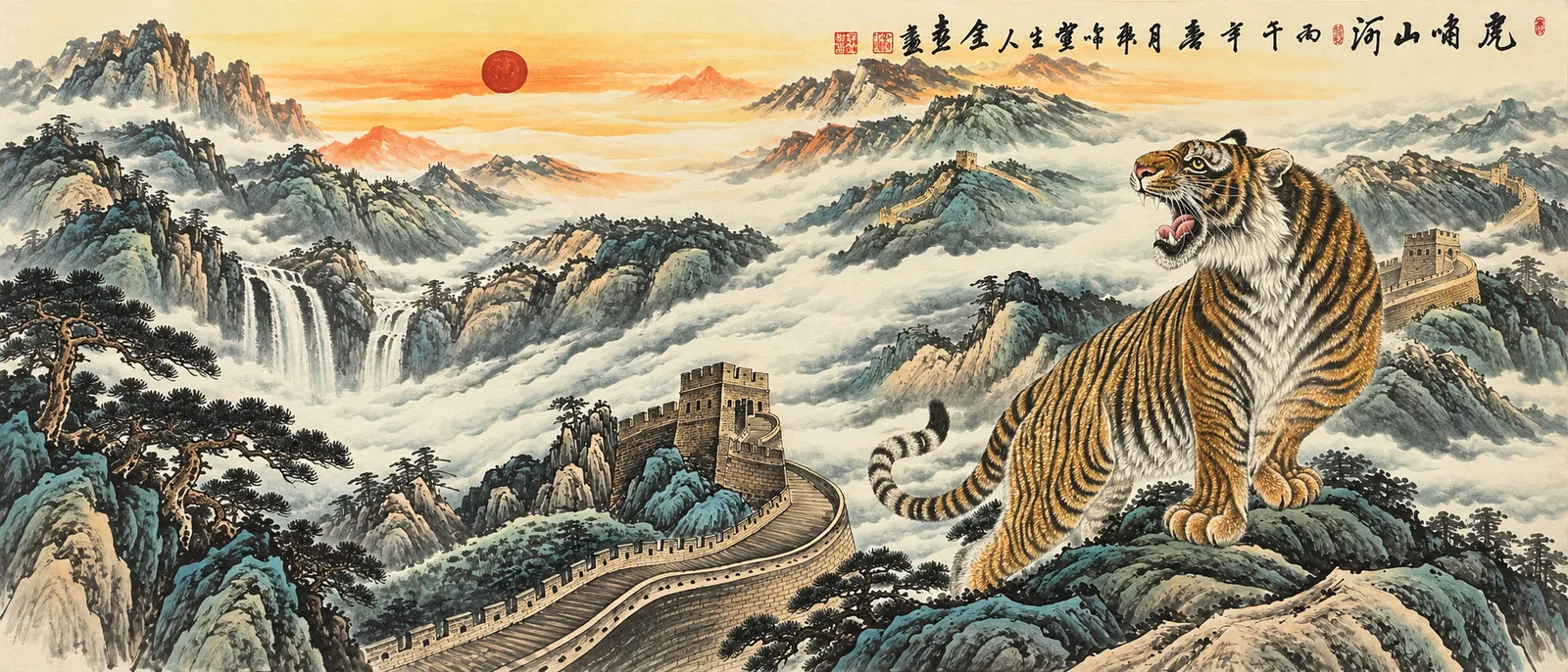 Tiger over the Great Wall | Panoramic Mountain and River Painting