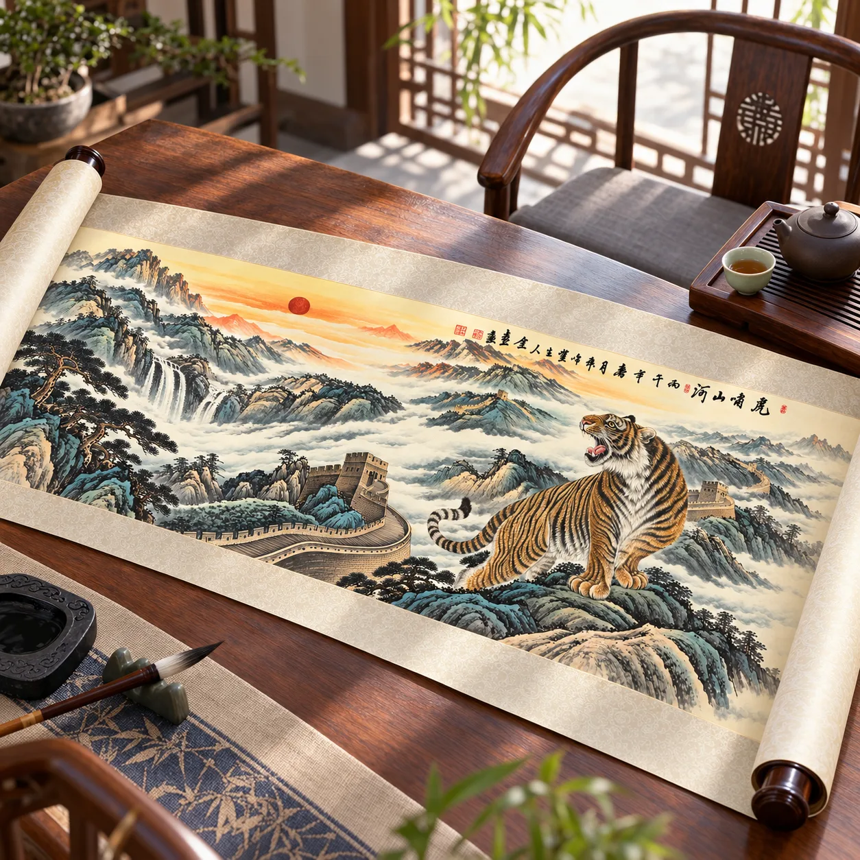 Tiger over the Great Wall | Panoramic Mountain and River Painting tiger painting view 2