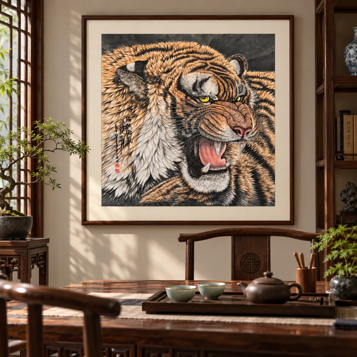 Tiger Raises the Wind | Over-the-Shoulder Roaring Tiger tiger painting view 4