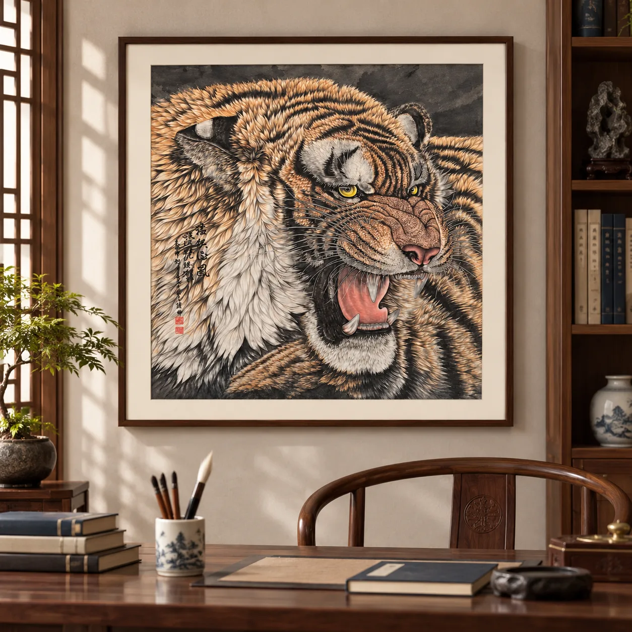 Tiger Raises the Wind | Over-the-Shoulder Roaring Tiger tiger painting view 5