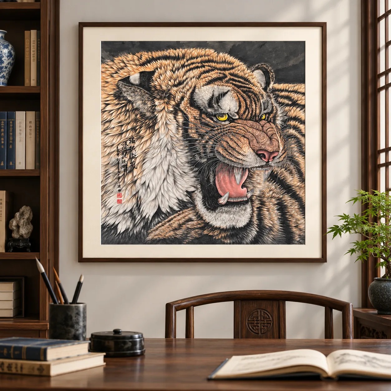 Tiger Raises the Wind | Over-the-Shoulder Roaring Tiger tiger painting view 14