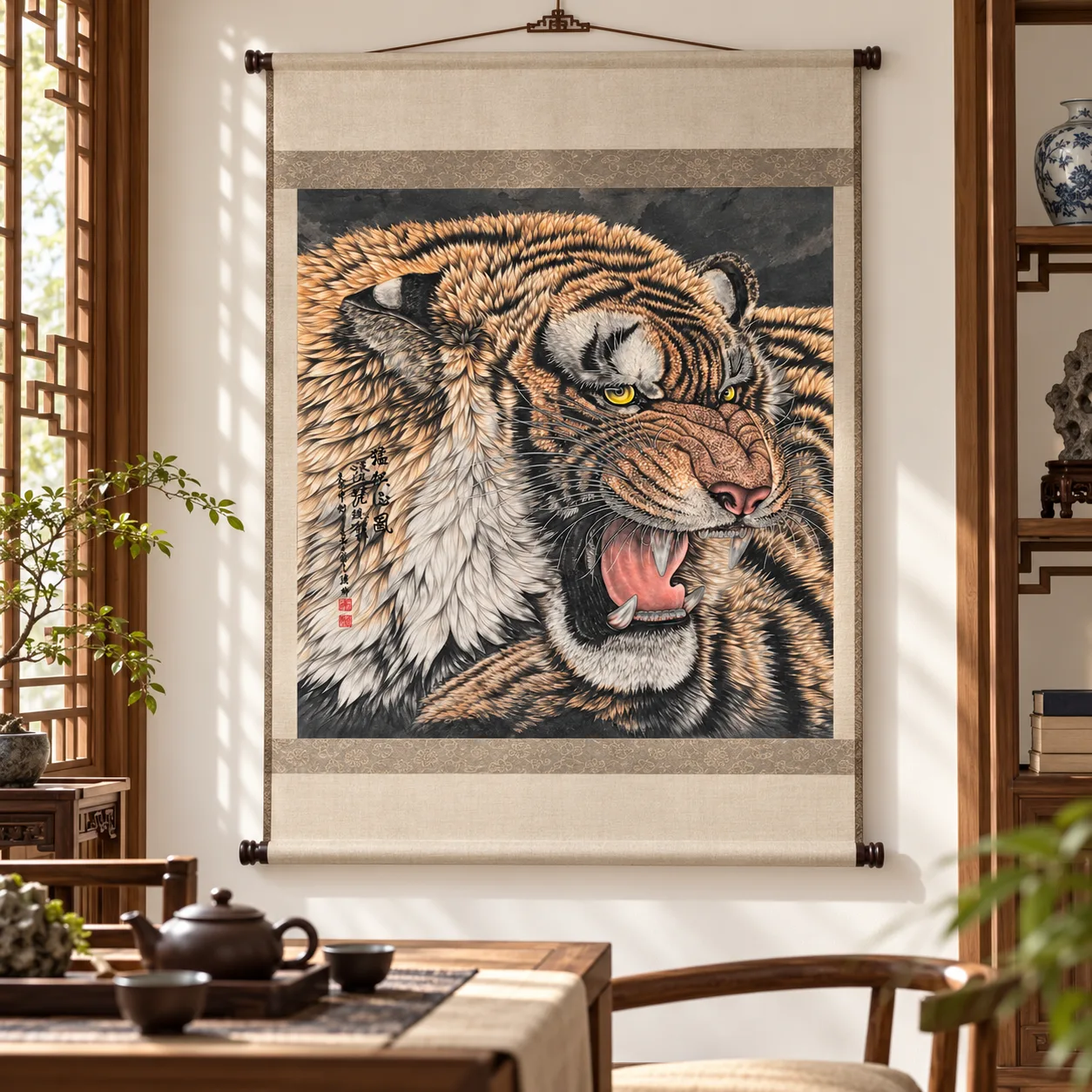 Tiger Raises the Wind | Over-the-Shoulder Roaring Tiger tiger painting view 6