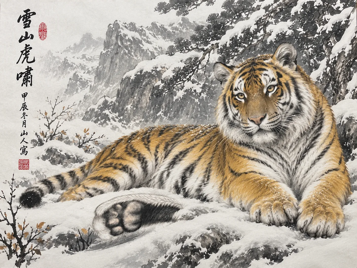 Tiger Resting in Snow | Snow Mountain Tiger Painting