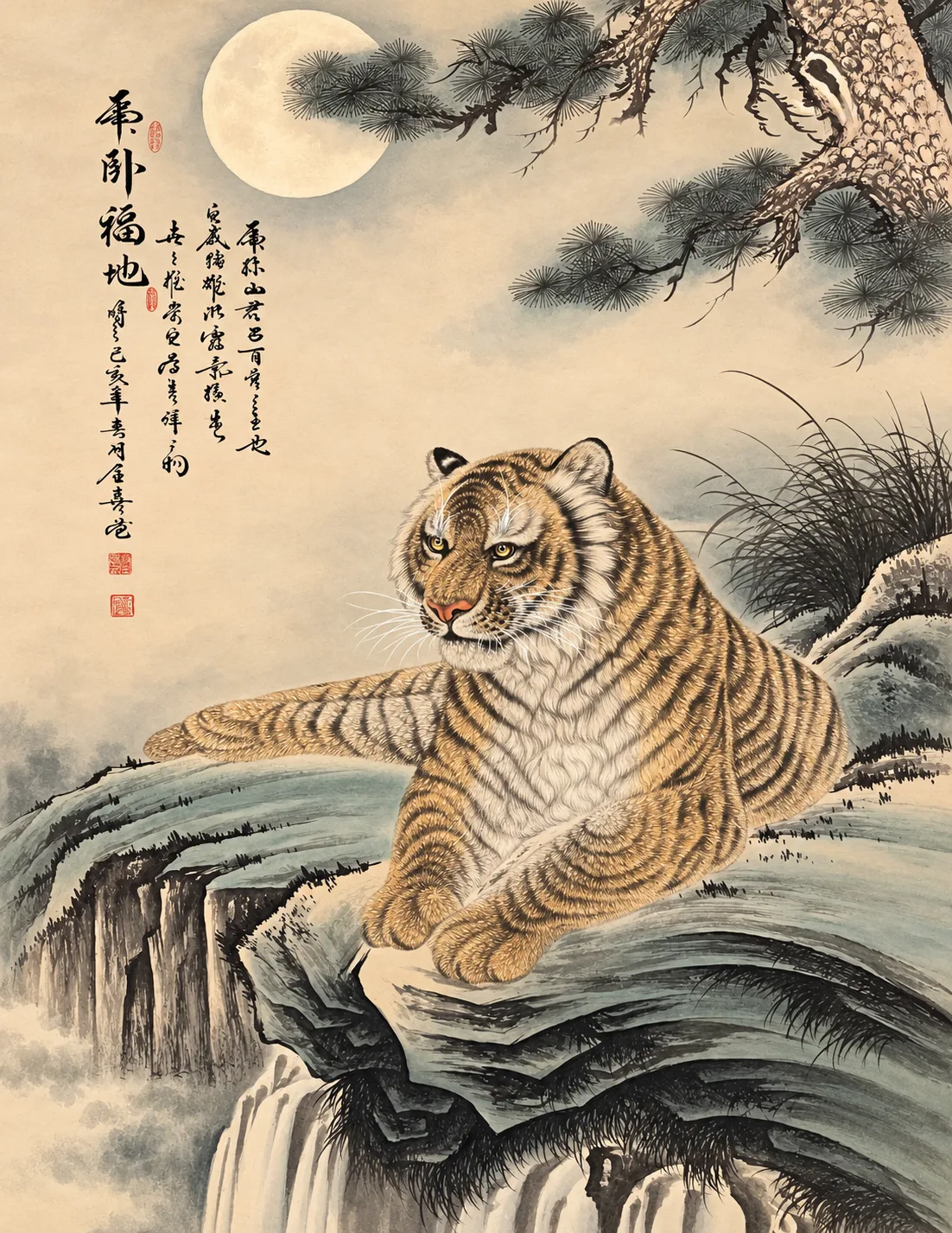 Tiger Resting on Blessed Ground | Moonlit Cliff Tiger Painting