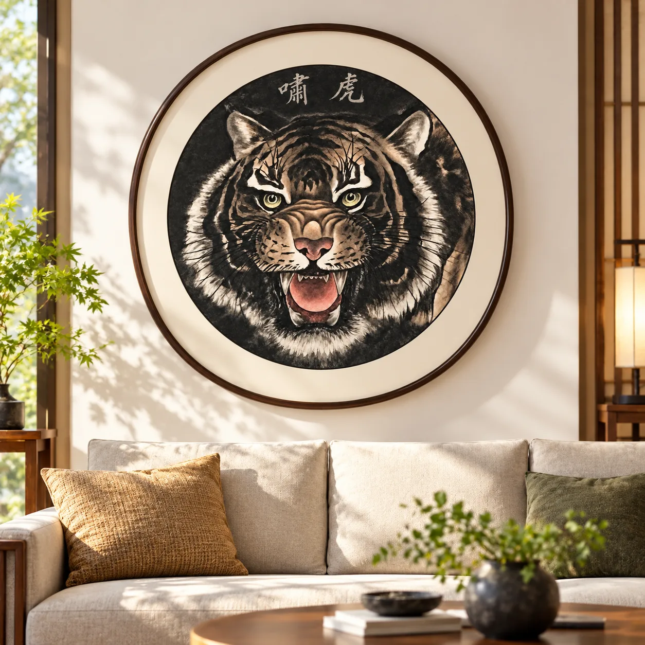 Tiger Roar Tondo | Round Ink Tiger Painting tiger painting view 3