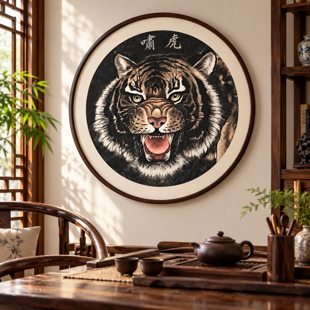 Tiger Roar Tondo | Round Ink Tiger Painting tiger painting view 4