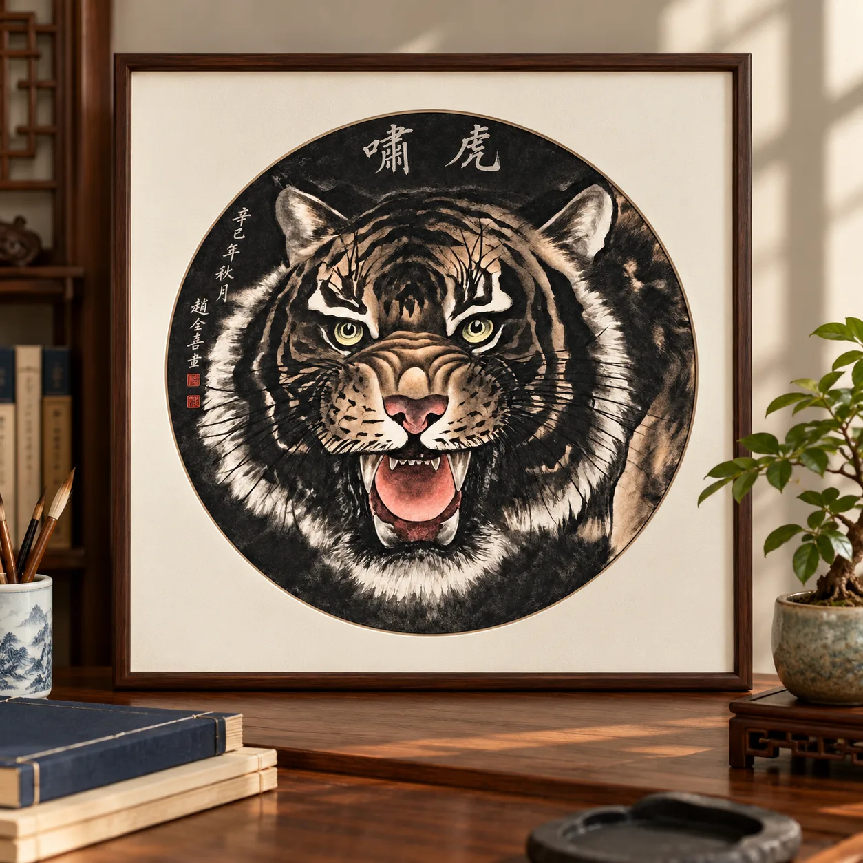 Tiger Roar Tondo | Round Ink Tiger Painting tiger painting view 5