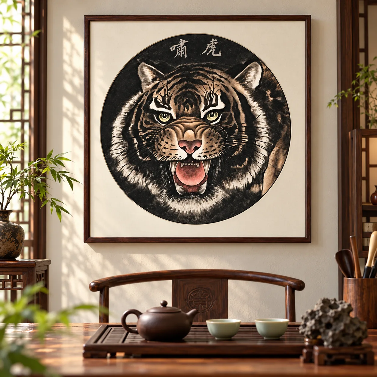 Tiger Roar Tondo | Round Ink Tiger Painting tiger painting view 11