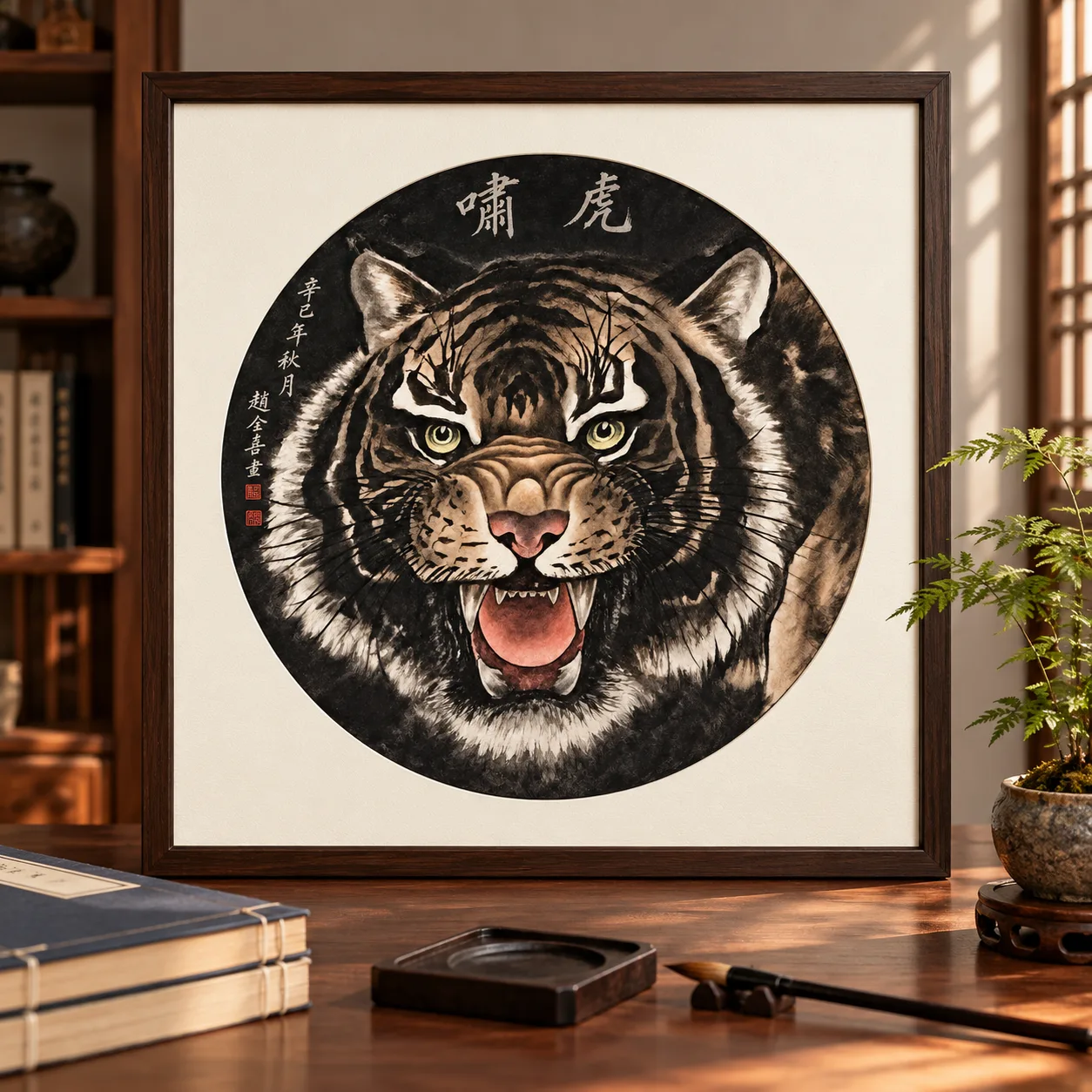 Tiger Roar Tondo | Round Ink Tiger Painting tiger painting view 12