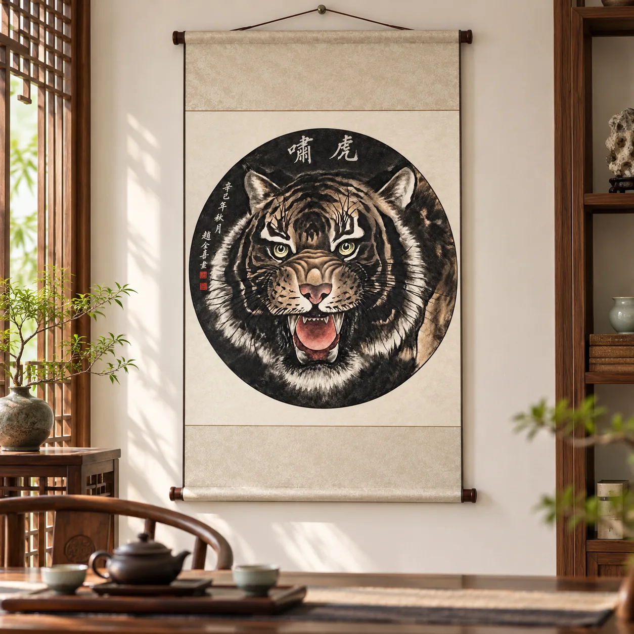 Tiger Roar Tondo | Round Ink Tiger Painting tiger painting view 6