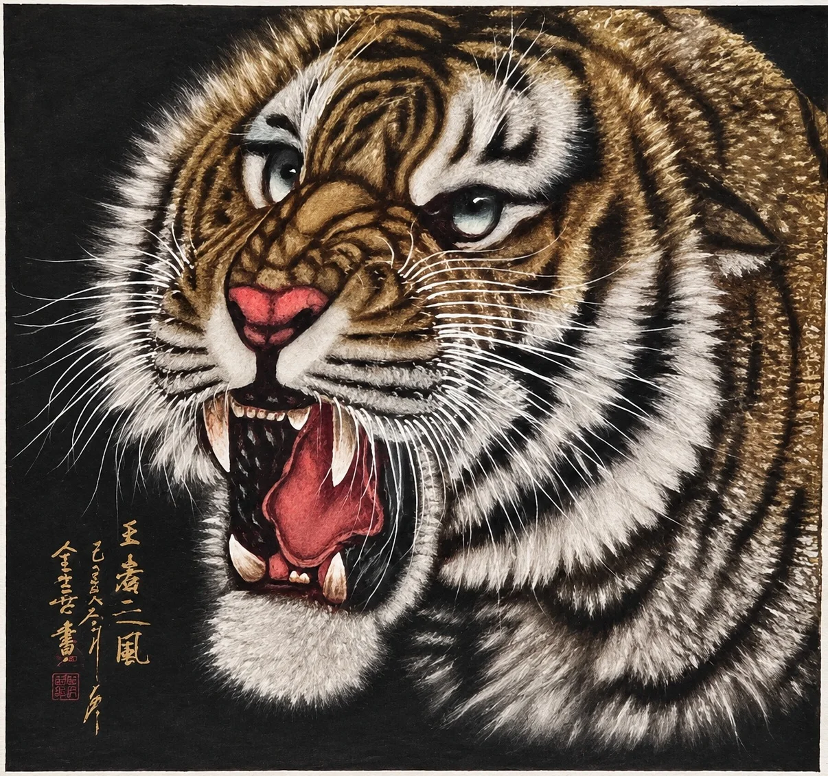 Tiger Roaring at Midnight | Gold-on-Black Chinese Painting