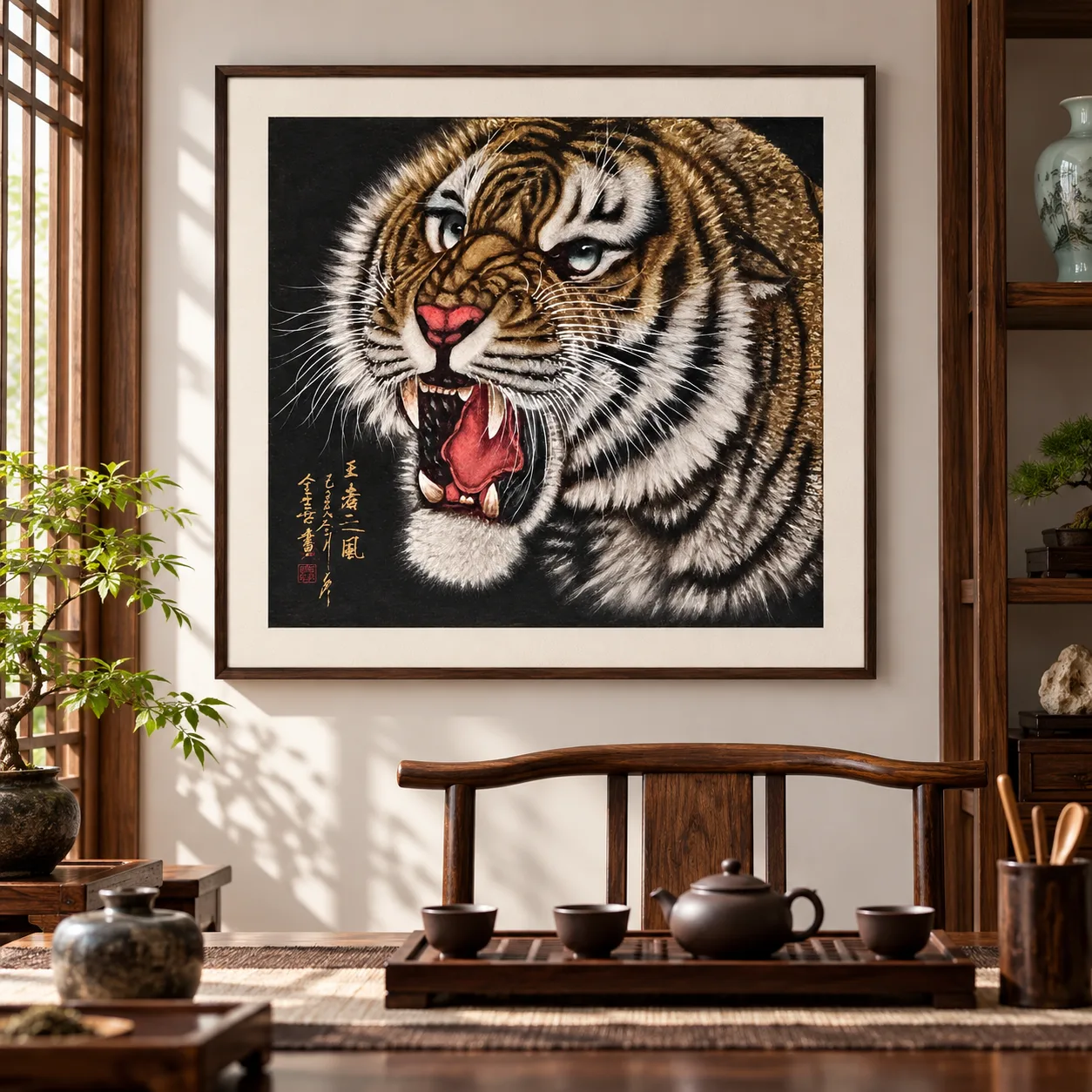 Tiger Roaring at Midnight | Gold-on-Black Chinese Painting tiger painting view 4