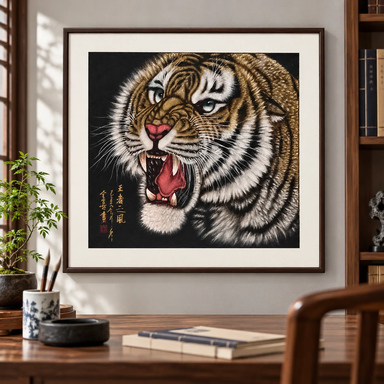 Tiger Roaring at Midnight | Gold-on-Black Chinese Painting tiger painting view 5